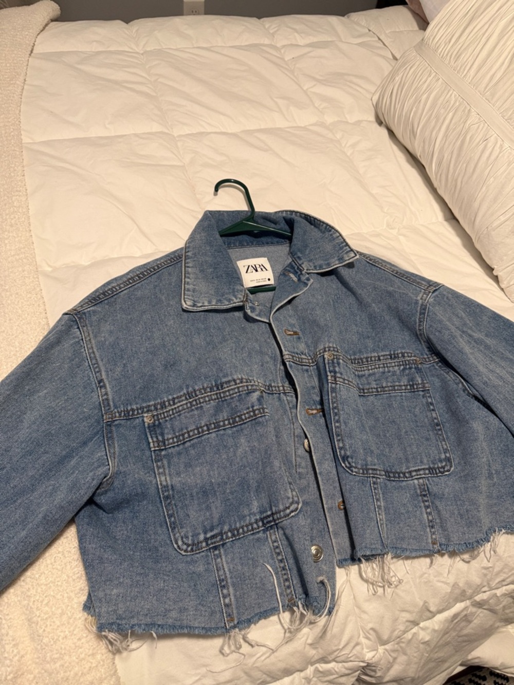 Zara Light Blue Cropped Frayed Denim Jacket - Picture 3 of 12